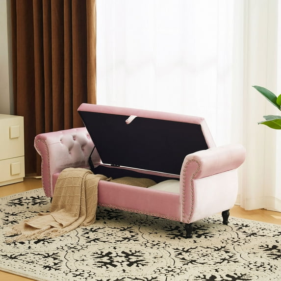 S-HOME Velvet Ottoman Bench With 1 Pillow, Perfect For Stylish Storage in Living Spaces,Baby Pink