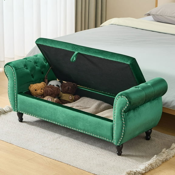 S-HOME Velvet Ottoman Bench With 1 Pillow, Perfect For Stylish Storage in Living Spaces