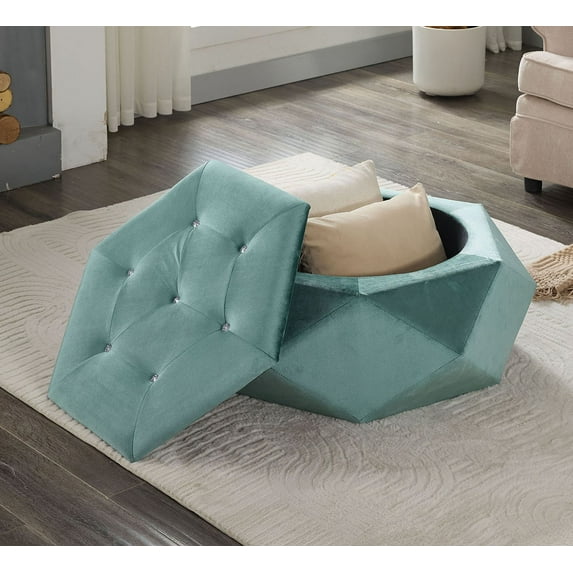 S-HOME Velvet Polygon Diamond Tufted Storage Ottoman, Cozy Seating Solution with Practical Design for Home Organization,Green