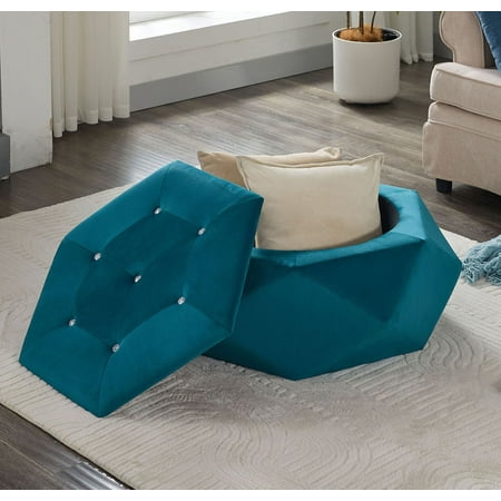 S-HOME Velvet Polygon Diamond Tufted Storage Ottoman, Cozy Seating Solution with Practical Design for Home Organization