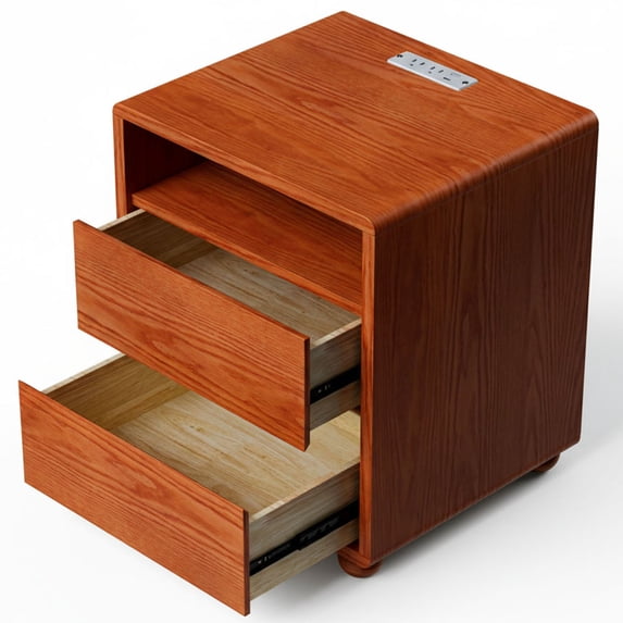 S-HOME Versatile 20 Inch Nightstand Curved Design With 2 Drawers And Charging Station Solid Wood Bedside Table For Bedrooms, Walnut