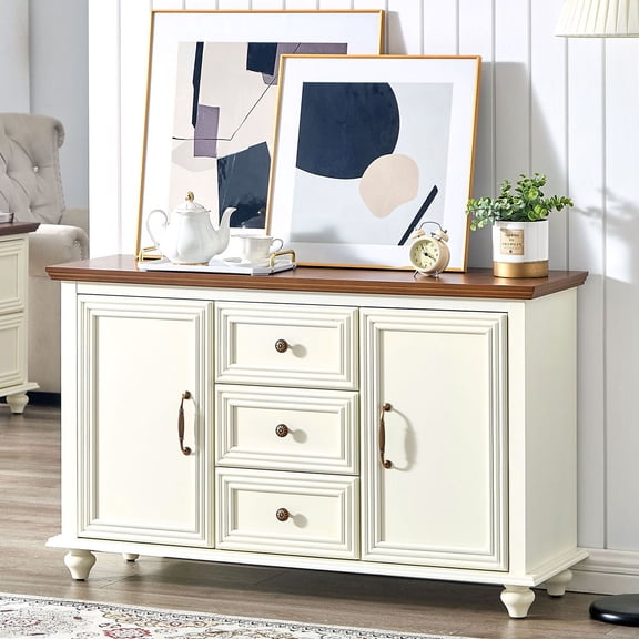 S-HOME Versatile 47.3 Inch Mid Century Sideboard Buffet Cabinet Vintage Wood Grain with 2 Doors and 3 Drawers for Kitchen and Living Room, Brown+White