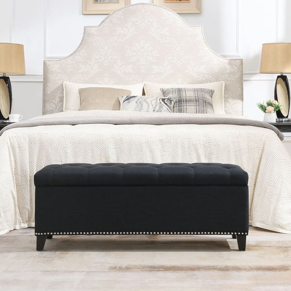 S-HOME Versatile 47.5-Inch Ottoman Storage Seat with Safety Close Hinge, Teddy Upholstered Ottoman for Home Organization, Black