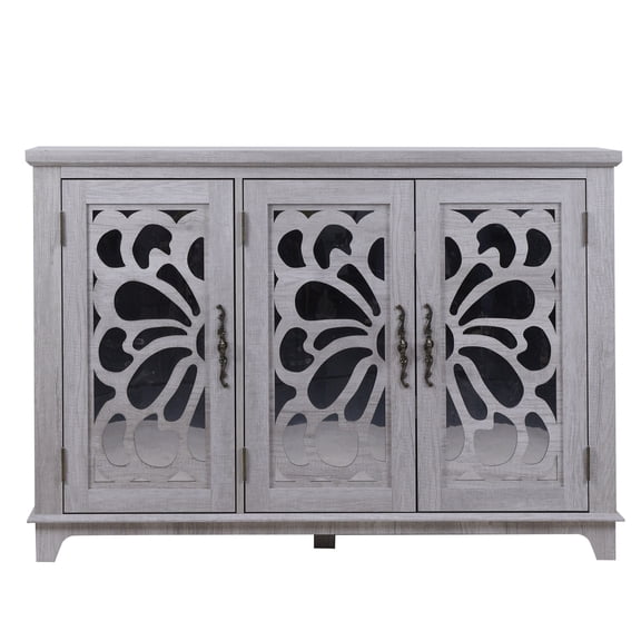 S-HOME Versatile 49.33 Inch Countertop Sideboard With 3 Mirrored Doors For Living Room Or Kitchen Storage, Light Gray