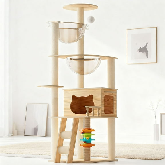 S-HOME Versatile 59 Inch Cat Tower with Natural and White Wood, Sisal-Covered Scratching Posts and Perch ,  Acrylic Hammock for Cats