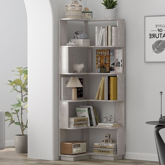 S-HOME Versatile 6 Tier Corner Bookshelf , Freestanding Organizer With Anti-Tip Device For Living Room And Bedroom, Light Gray