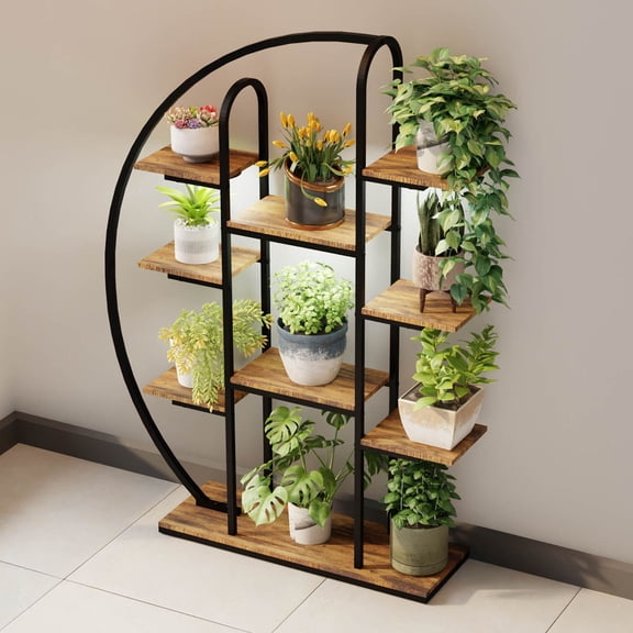 S-HOME Versatile 62.2 Inch Tall Metal Indoor Plant Stand With Integrated Grow LED Light, Moon-Shaped Design 9 Tier Multi-Tier Flower Rack For Indoor Plants