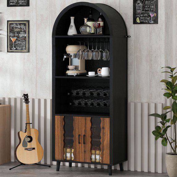 S-HOME Versatile 71 Inch Farmhouse Arched Wine Bar Cabinet In With 15 Wine Racks And Glass Holders For Dining Room, Black+Natural