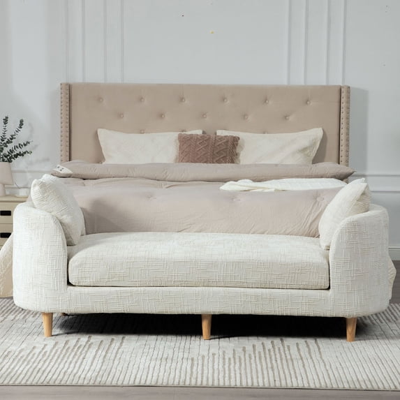 S-HOME Versatile Backless Accent Bench with 2 Bolster Pillows Rubberwood Legs 77.17 Inch Chenille Chaise Lounge for Living Room and Bedroom Use , Beige