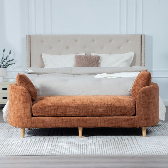 S-HOME Versatile Backless Accent Bench with 2 Bolster Pillows Rubberwood Legs 77.17 Inch Chenille Chaise Lounge for Living Room and Bedroom Use , Orange