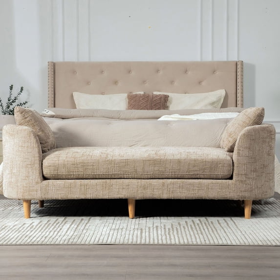 S-HOME Versatile Backless Accent Bench with 2 Bolster Pillows Rubberwood Legs 77.17 Inch Chenille Chaise Lounge for Living Room and Bedroom Use , Wheat