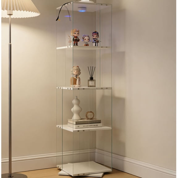 S-HOME Versatile Floor-Standing Tempered Glass Display Cabinet with Adjustable Feet and Remote Control Lighting for Living Room or Kitchen Storage Solutions, White