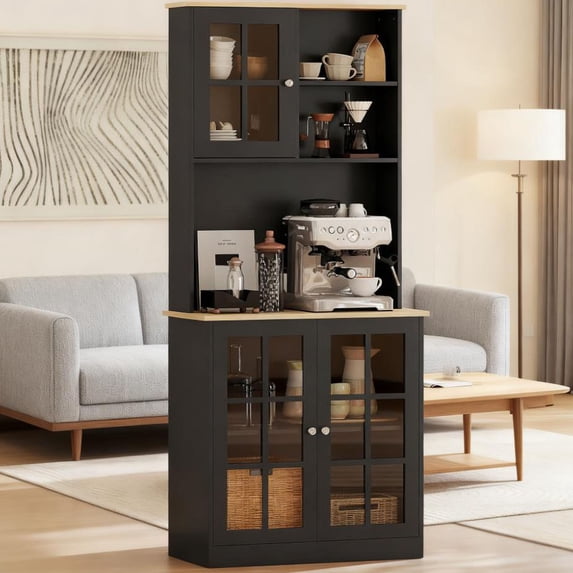 S-HOME Versatile Freestanding Cabinet with Glass Doors, Adjustable Shelves and Countertop for Dining Room Storage, Black