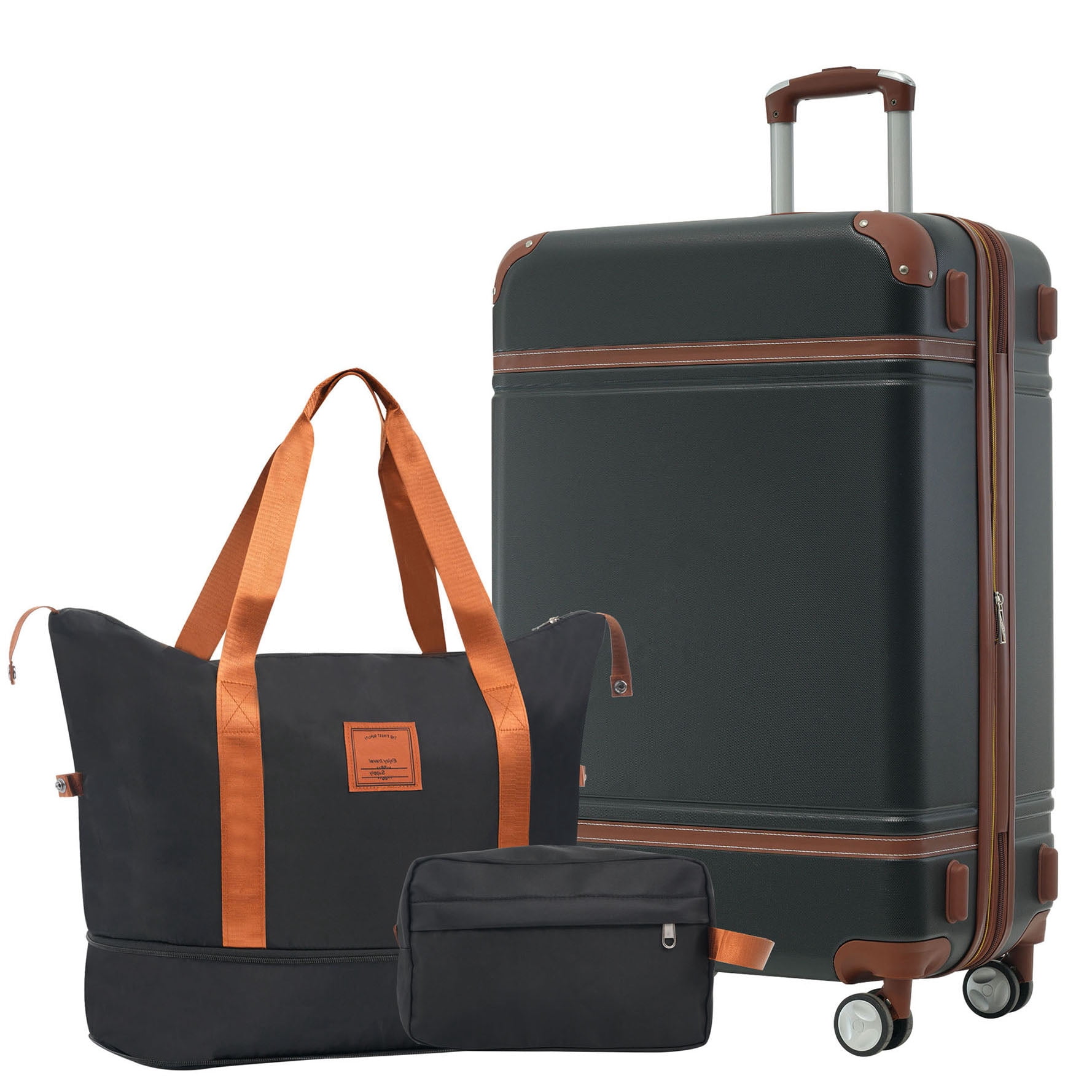 S-HOME Versatile  Hardshell Luggage Set in Vintage Design with 24 Inch Suitcase, Travel Duffel Bag and Toiletry Bag, TSA Lock and Spinner for All Journeys, Black