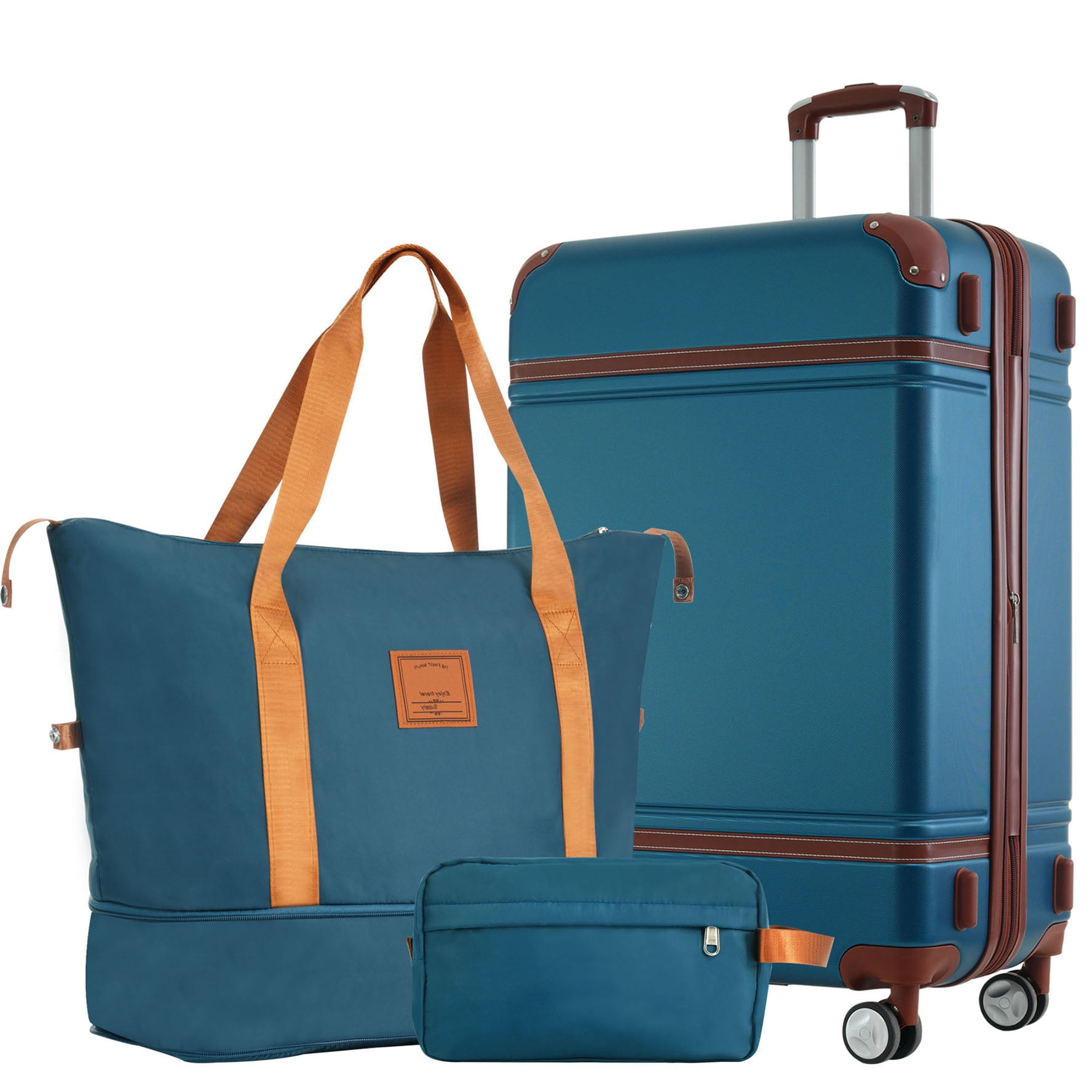 S-HOME Versatile  Hardshell Luggage Set in Vintage Design with 24 Inch Suitcase, Travel Duffel Bag and Toiletry Bag, TSA Lock and Spinner for All Journeys, Blue