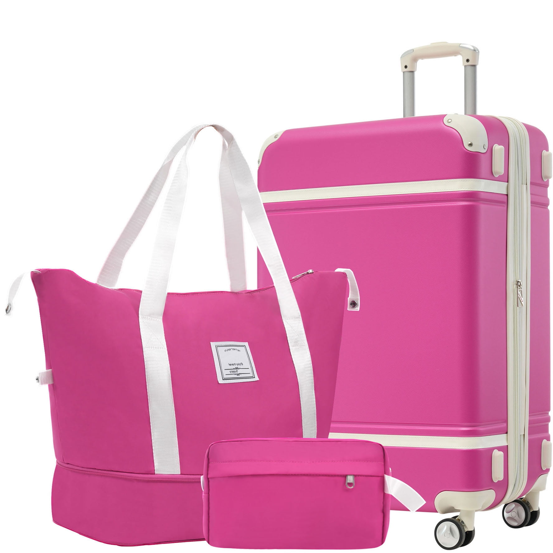 S-HOME Versatile  Hardshell Luggage Set in Vintage Design with 24 Inch Suitcase, Travel Duffel Bag and Toiletry Bag, TSA Lock and Spinner for All Journeys, Pink