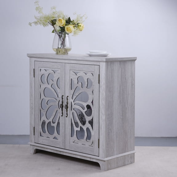 S-HOME Versatile Hollow-Carved Accent Cabinet, Features 2 Mirrored Doors and Adjustable Interior Shelves, for Kitchen and Dining Spaces, Light Gray