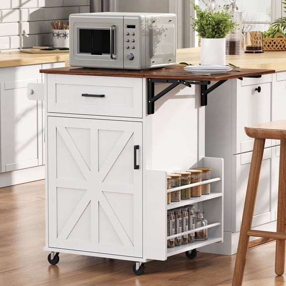 S-HOME Versatile Kitchen Island on Wheels with Two-Tier Open Storage, One Drawer and Towel Rack Foldable Drop Leaf and Lockable Wheels for Compact Spaces, White