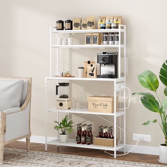 S-HOME Versatile Large 5-Tier Bakers Rack With Built-In Electrical Outlets, 39 Inch Microwave Stand & Coffee Bar, Kitchen Storage Shelf, White