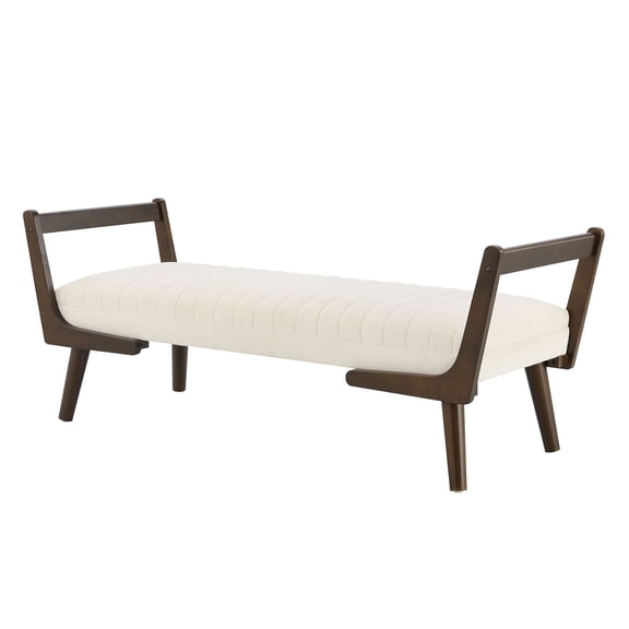 S-HOME Versatile Mid Century 52 Inch Bench Upholstered in Cognac PU with Rubber Wood Base – Seating for Living Spaces or Entryways, Beige