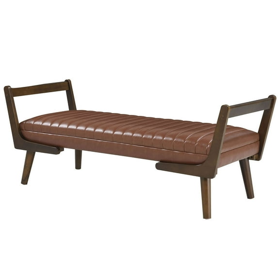 S-HOME Versatile Mid Century 52 Inch Bench Upholstered in Cognac PU with Rubber Wood Base – Seating for Living Spaces or Entryways, Light Brown
