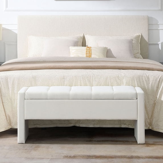 S-HOME Versatile Modern Upholstered Bed End Bench with High-Density Foam Cushion Storage in Linen Fabric 47.25 Inch Large Foot Rest Stool for Living Room Bedroom, Beige