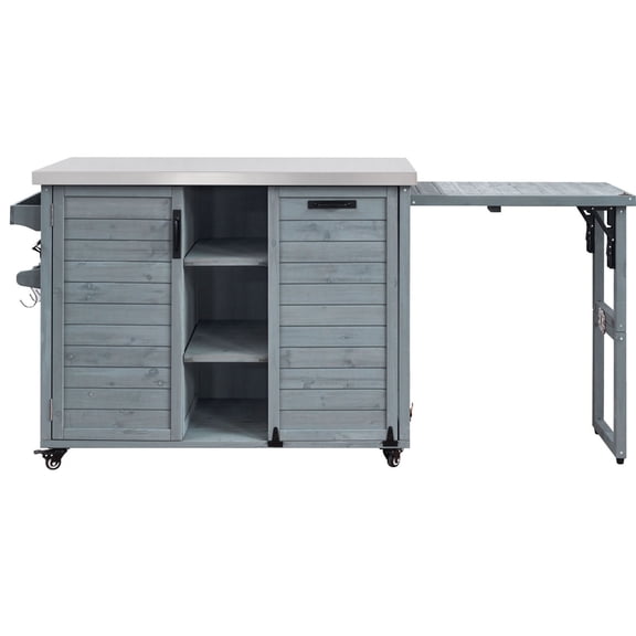 S-HOME Versatile Outdoor Bar Cart with Foldable Grill Table, 78.3 Inch Wooden Grill Station Featuring Ample Storage for BBQ Essentials in Your Garden, Grey+Blue