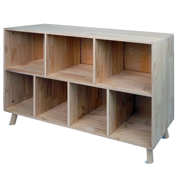 S-HOME Versatile Pine Wood Storage Cabinet with Fixed Shelves Natural Finish 7 Compartments for Home or Office
