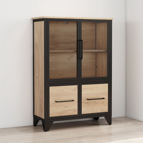 S-HOME Versatile Storage Cabinet Featuring 4 Iron Doors Adjustable Shelf Metal Frame For Kitchen Or Living Room, Black+Natural