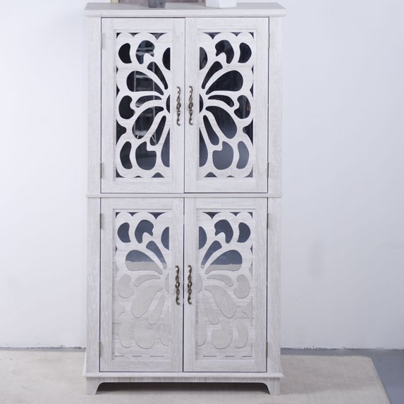 S-HOME Versatile Storage Cabinet In Natural Wood Grain Finish With 4 Doors Adjustable Shelves For Dining Room Accent Decor, Light Gray