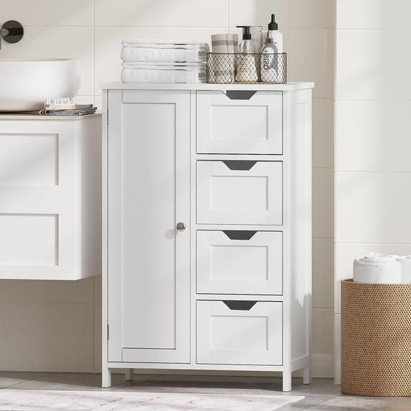 S-HOME Versatile White Storage Cabinet with 4 Drawers and 1 Door, Freestanding MDF Organizer for Bathrooms, Entryways, and Living Rooms