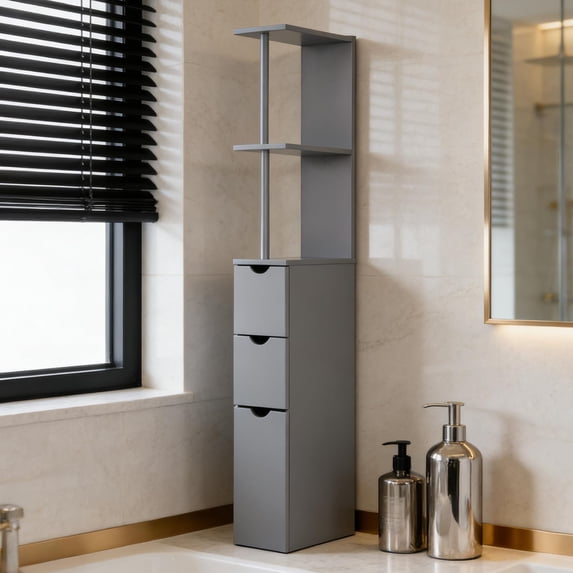 S-HOME Vertical Design Storage Narrow Wood Bathroom Cabinet with Two Drawers and Open Shelves for Organized Space Saving Storage, Grey