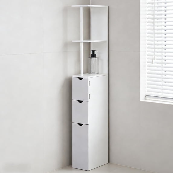 S-HOME Vertical Design Storage Narrow Wood Bathroom Cabinet with Two Drawers and Open Shelves for Organized Space Saving Storage, White