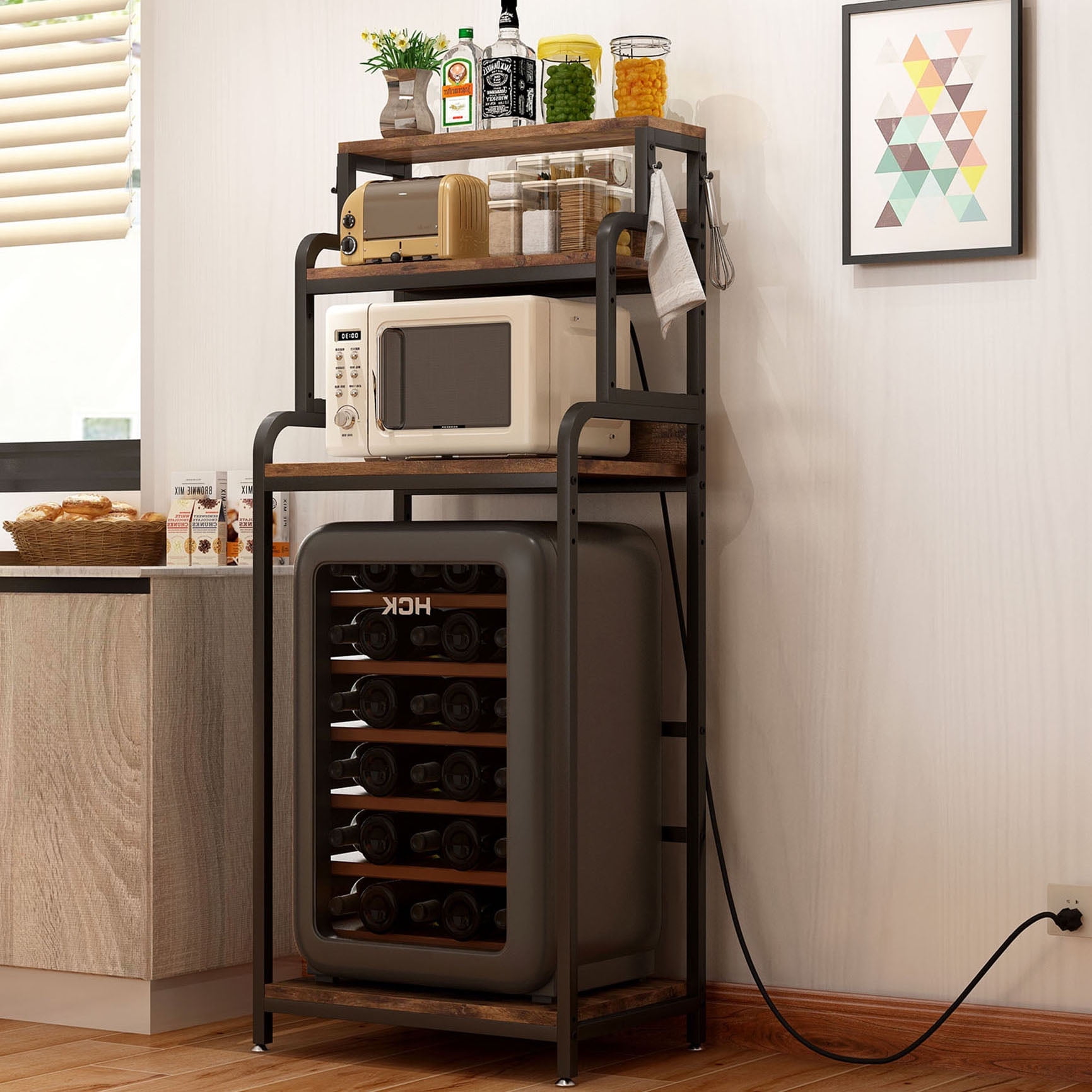 S-HOME Vintage 4-Tier Mini Fridge Stand, Brown, Large Storage Space, Microwave Oven Use