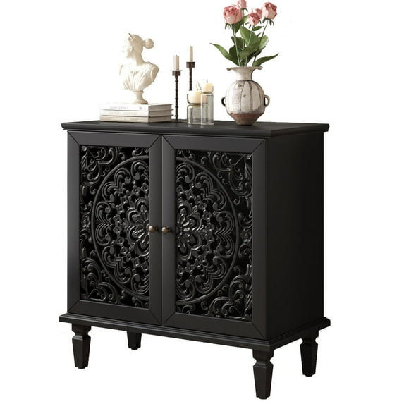 S-HOME Vintage Accent Cabinet with Hollow-Carved Floral Design, Solid Wood Legs, 2 Door Storage Sideboard, for Entryway or Living Room Decor, Black