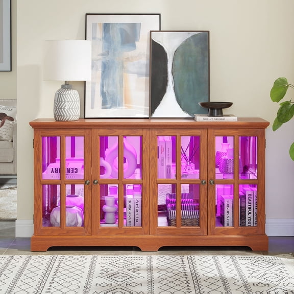 S-HOME Vintage LED Curio Display Cabinet - Antique Glass Door Showcase with Adjustable Shelves for Collectibles, Four-Door Design Ideal for Home or Office Dcor-OAK