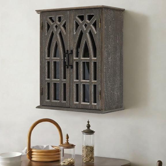 S-HOME Vintage Wall-Mounted Cabinet in Rustic Wood Finish, 21.26 Inch Accent Chest with Decorative Cutout Doors for Bathroom and Living Room Storage, Antique Black