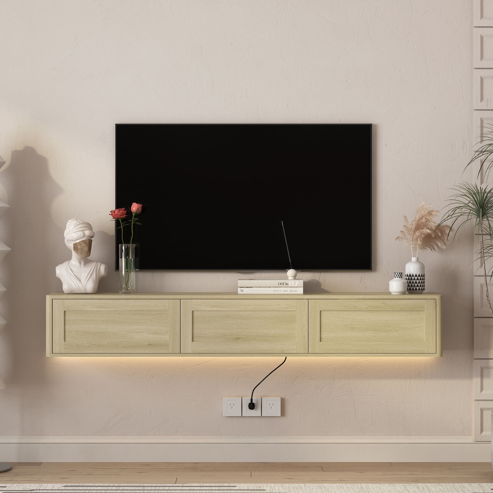 S-HOME Wall Mounted TV Shelf Featuring Led Lights and Power Outlet, High Gloss Floating TV Stand for Your Living Room，Light-colored Wood