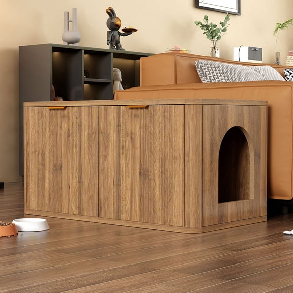 S-HOME Walnut Cat Litter Box Enclosure Furniture, 31.5 Inch Fluted Mid Century Modern Kitty End Table