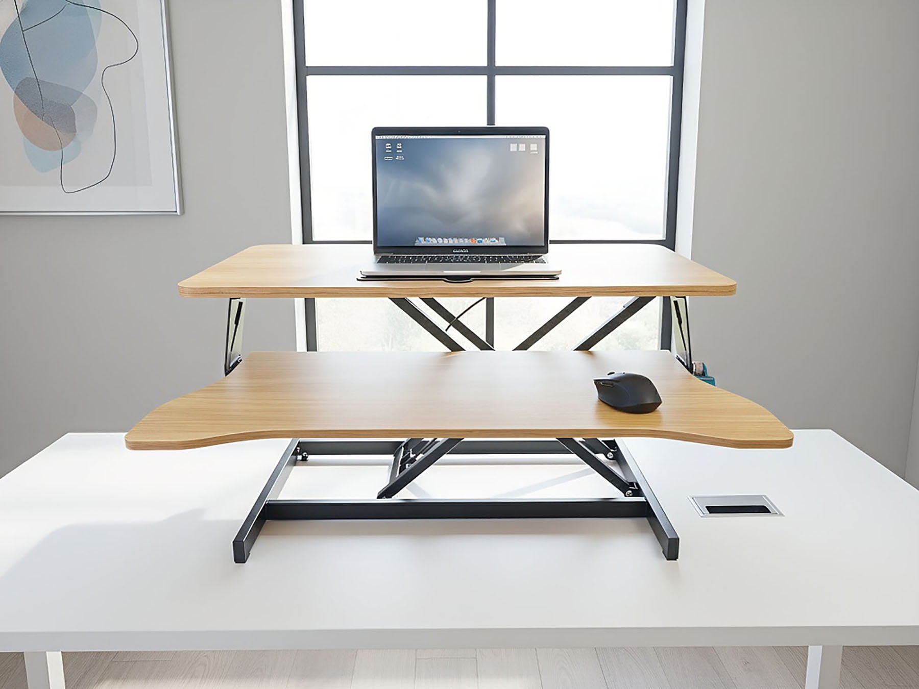 S-HOME Walnut Color Height Adjustable Desk Converter, 32 Inch Sit to Stand Riser for Dual Monitors and Laptop Use，Black,Natural