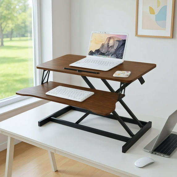 S-HOME Walnut Color Height Adjustable Desk Converter, 32 Inch Sit to Stand Riser for Dual Monitors and Laptop Use