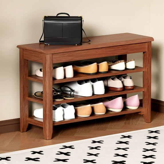 S-HOME Walnut Finish Solid Wood Shoe Bench with 3-Tier Storage and Soft-Close Hinges for Entryway Organization