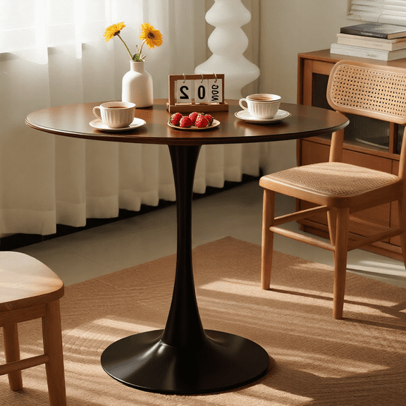 S-HOME Walnut Wood Round Table With Modern Tulip Steel Base 24 Inch Dining Table For Home Use