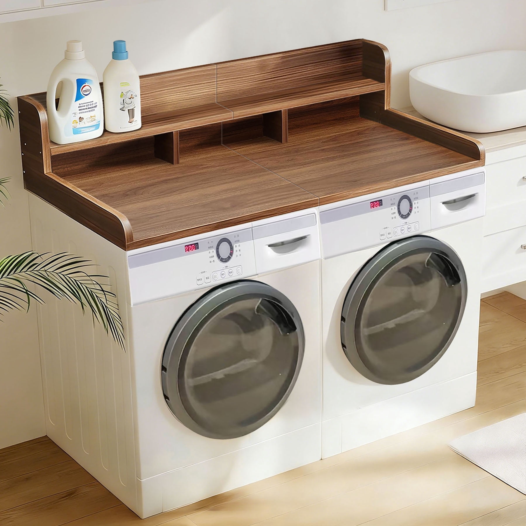 S-HOME Washer Dryer Countertop with Non-slip Pads in Wood Design, 58" x 28" Laundry Organization Shelf Topper，Walnut