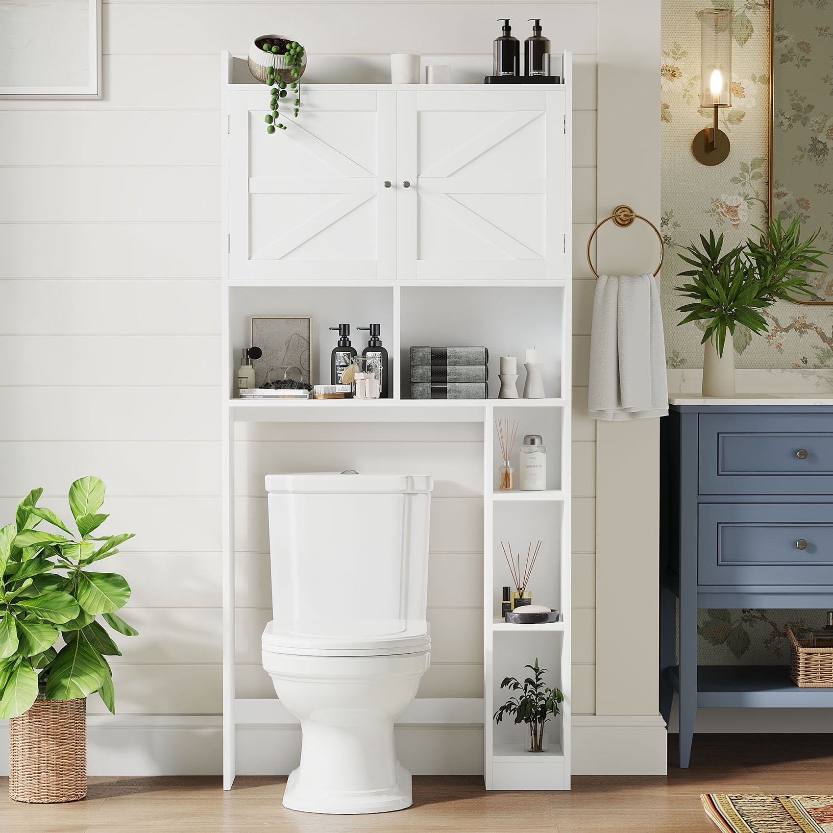 S-HOME White Bathroom Space Saver Cabinet With Double Doors, Open Shelves And Adjustable Shelf For Organized Toiletries