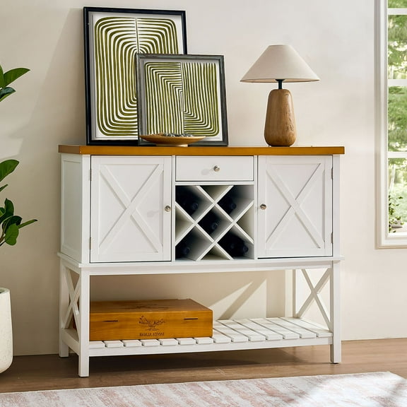 S-HOME White Console Table With 2-Door Cabinet & Drawer, Versatile Storage Solution For Kitchen And Living Room