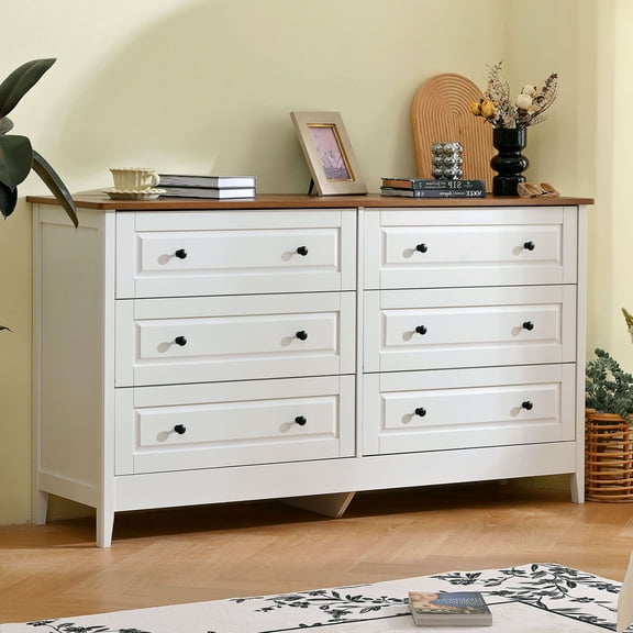 S-HOME  White Dresser with Red Wood Grain Finish 6 Drawer Storage Solution for Bedroom and Living Room Organization