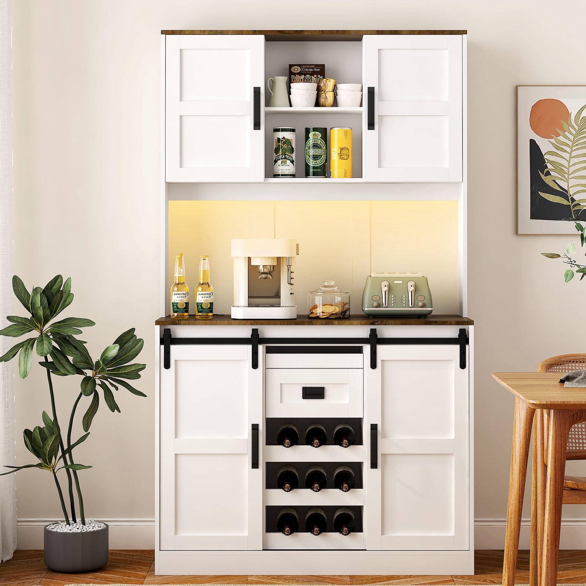 S-HOME White Farmhouse Bar Cabinet With Sliding Barn Door, Large Rustic ...