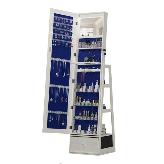 S-HOME White Jewelry Cabinet Armoire with Full Length Mirror, 360° Rotating Design, Lockable Storage and Drawers