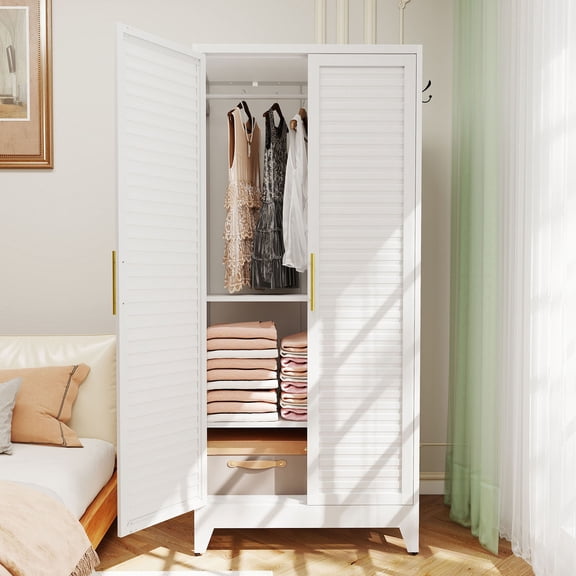 S-HOME White Metal Closet with 2 Doors, 71 Inch Tall Storage Solution for Dorms, Renters, and Small Spaces
